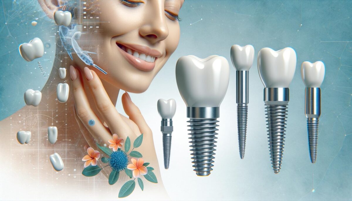 Smiling woman with digital overlay, dental implants, and flowers on her skin, symbolizing dental technology and beauty.