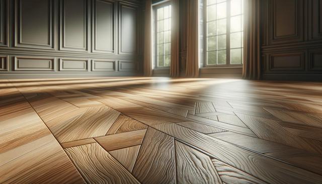 Elegant room with sunlit parquet flooring, large windows, and decorative wall paneling.