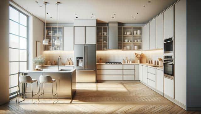 Modern kitchen with white cabinets, large island, pendant lights, stainless steel appliances, and wooden floor.