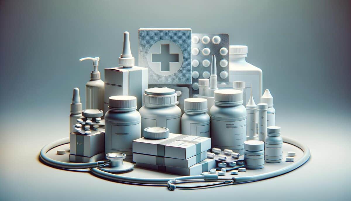 Collection of various medicine bottles, boxes, capsules, and a stethoscope in a cool-toned setting.