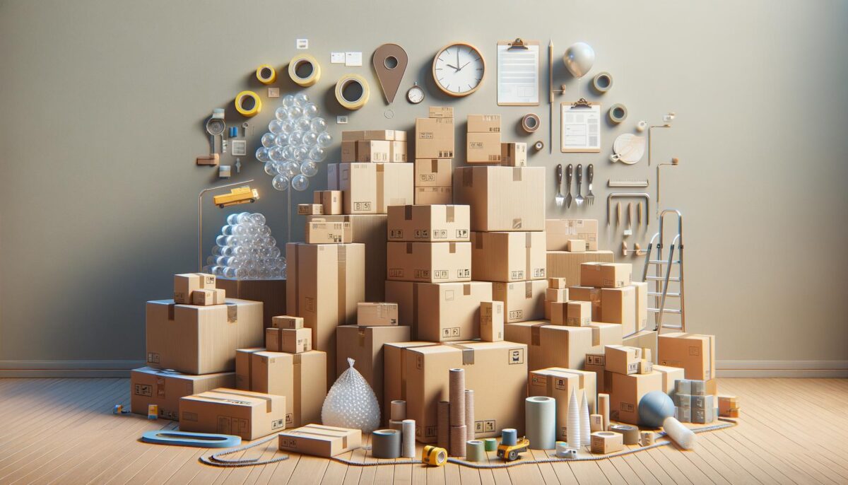 A wall of stacked cardboard boxes with various packing supplies, bubble wrap, and office tools arranged around them on a wooden floor.