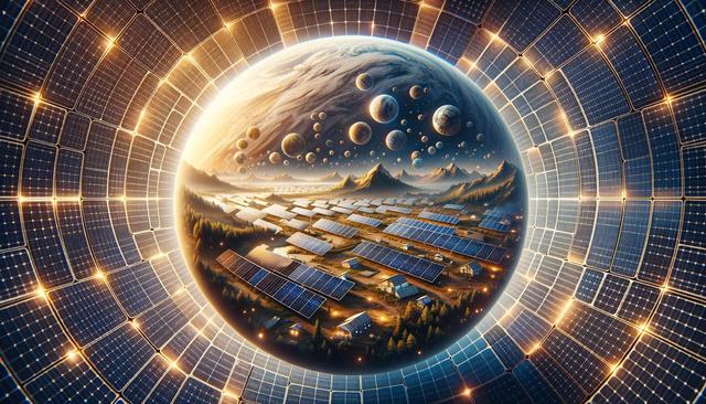 Futuristic landscape with solar panels and multiple planets above, surrounded by a giant sphere of solar panels.