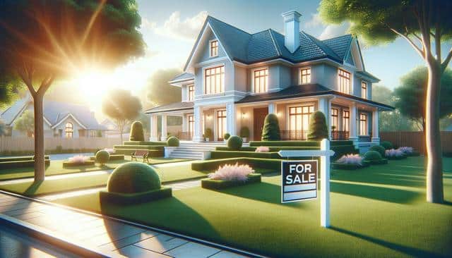 A large, elegant house with manicured lawn, trees, and a "For Sale" sign, bathed in warm sunlight.