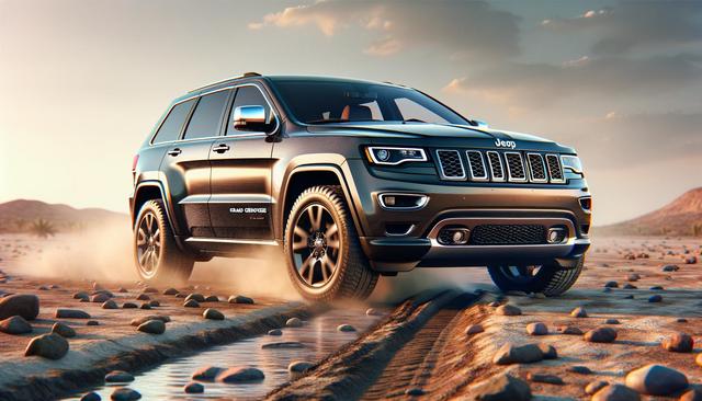 A Jeep SUV drives over a rocky terrain, kicking up dust under a clear sky.