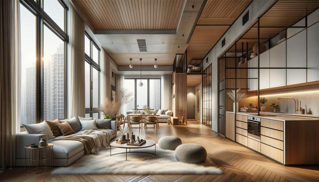 Luxurious modern loft with floor-to-ceiling windows, a cozy seating area, dining table, and sleek kitchen, adorned with natural light and minimalist decor.