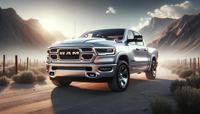 A silver pickup truck on a desert road with mountains in the background at sunset.