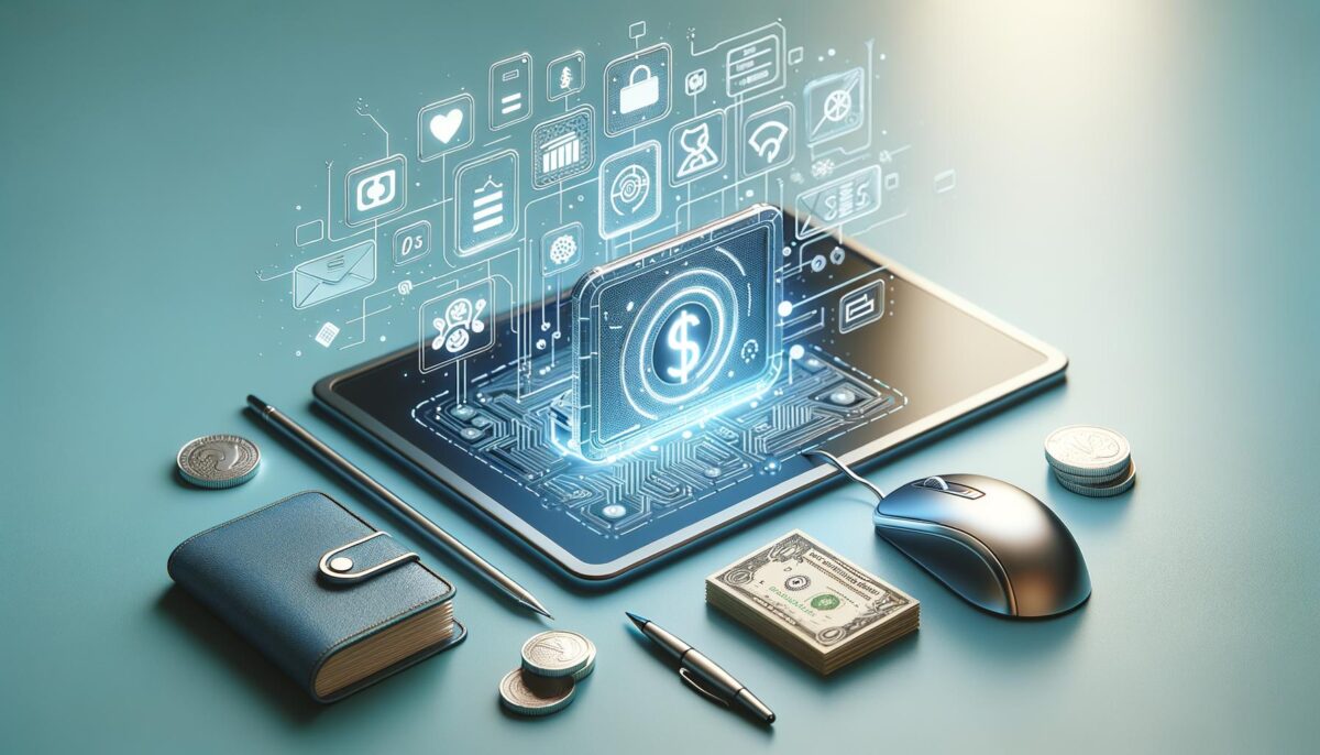 A digital wallet icon with a dollar symbol hovers above a tablet surrounded by coins, cash, a pen, and a mouse.