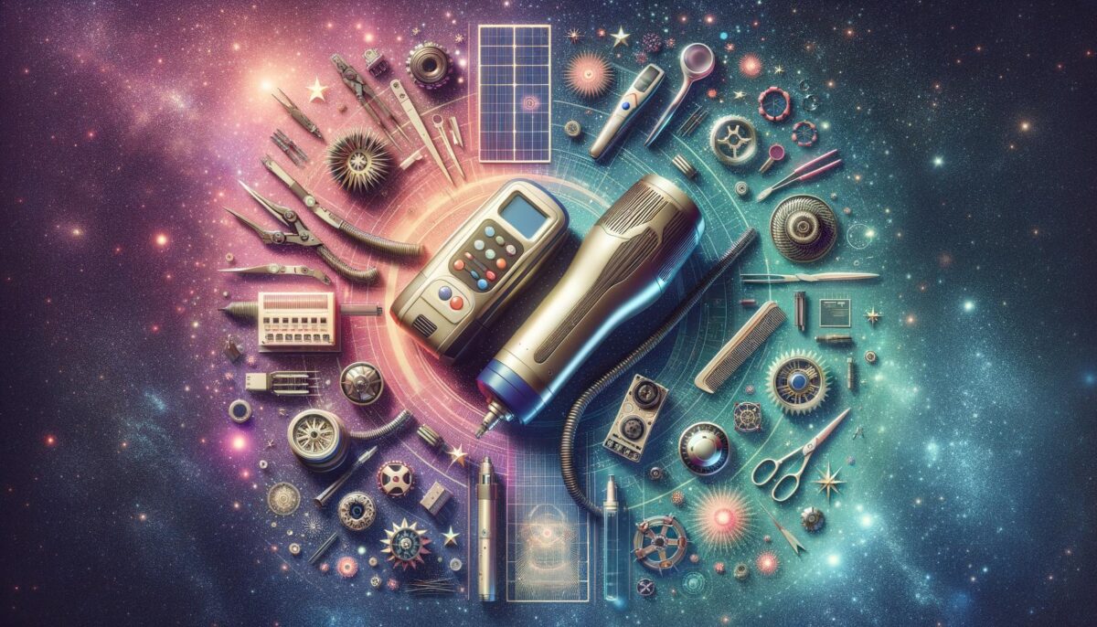 Various tools and gadgets arranged in a circular pattern against a galaxy-themed background.