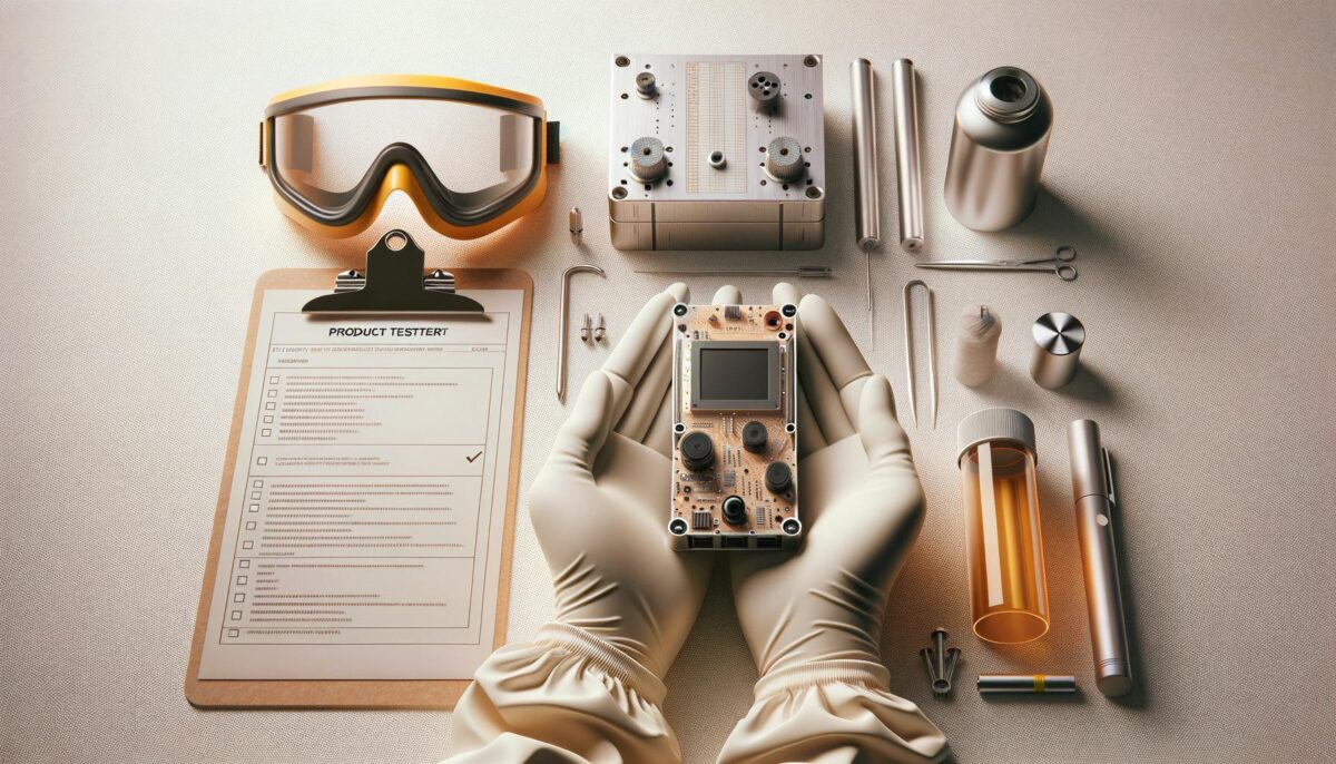 Gloved hands hold an electronic device, surrounded by lab tools, goggles, and a clipboard with a checklist.