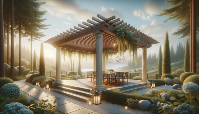 A serene patio with a wooden pergola, surrounded by lush greenery and lanterns, overlooking a misty landscape at sunrise.