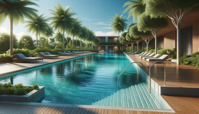Luxurious pool with sun loungers, surrounded by palm trees and greenery, under a clear blue sky.