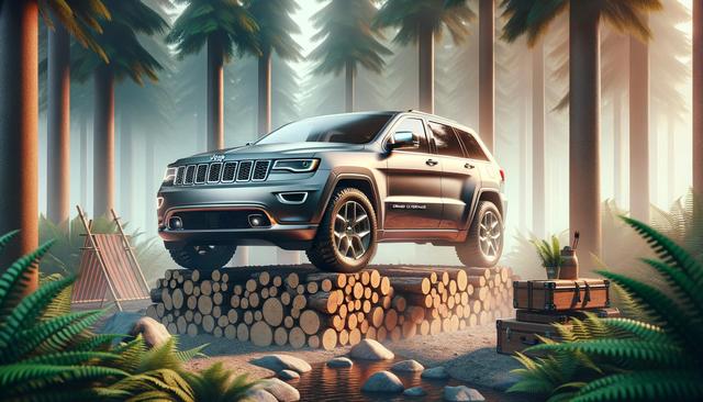 A black SUV parked on stacked logs in a foggy forest, surrounded by suitcases and camping gear.
