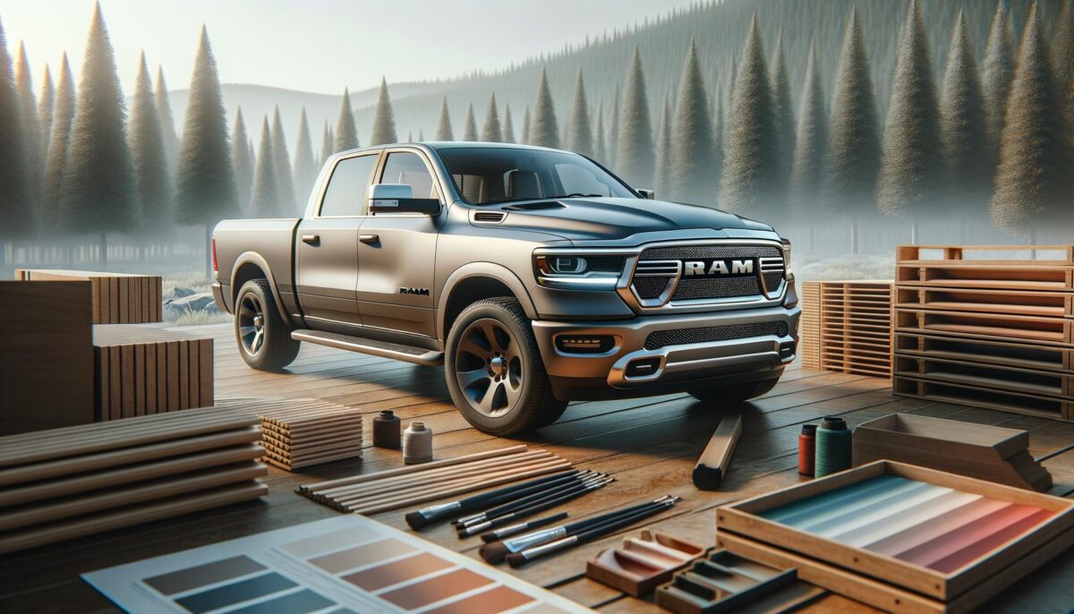 A pickup truck is surrounded by art supplies, with pine trees in the misty background.
