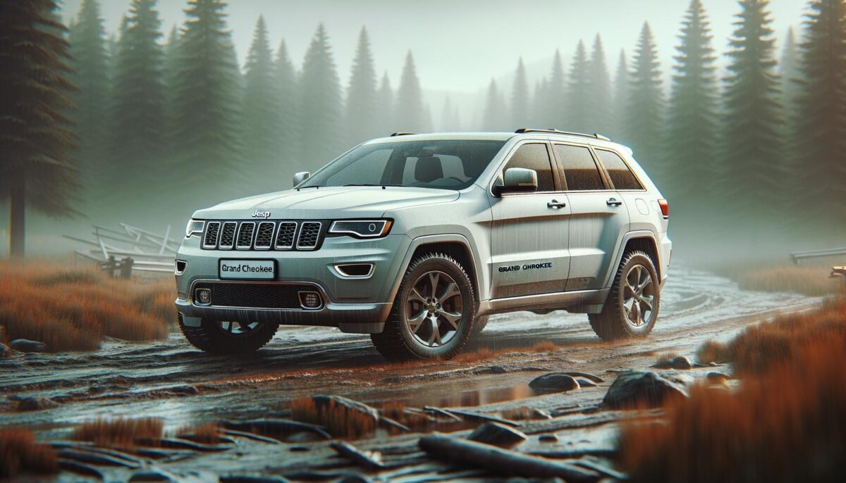 A silver SUV on a muddy forest road with tall trees in the background.