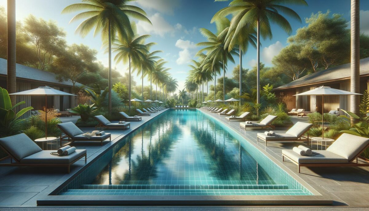 Luxurious tropical pool area with palm trees, lounge chairs, and umbrellas under a blue sky.