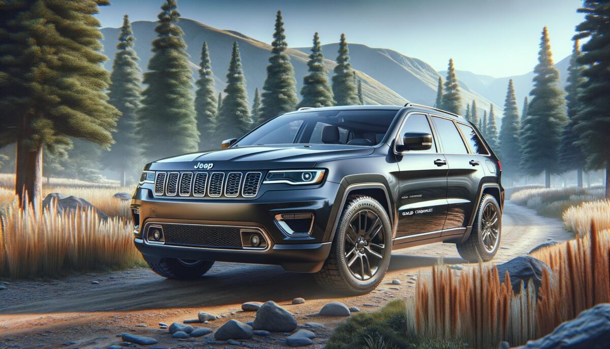 A black SUV on a dirt road in a scenic forest with tall trees and mountains.