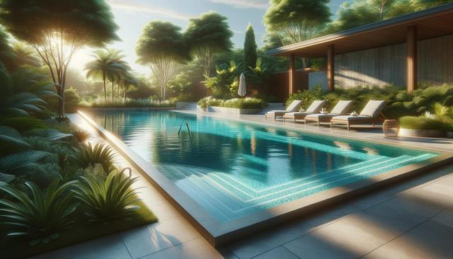 Luxurious poolside with lush greenery, sunlit lounge chairs, and modern architecture.