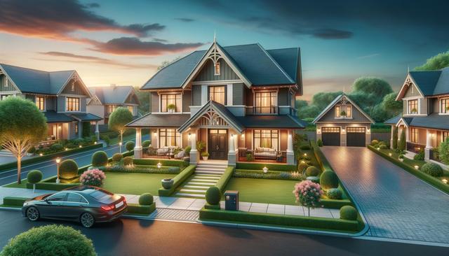Charming suburban house with a manicured lawn, modern architecture, and a sunset sky.