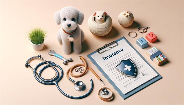A toy dog, stethoscope, plant, and insurance form arranged on a light surface, alongside pet-themed items.
