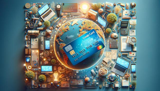 A large globe encircled by a credit card, surrounded by digital and financial icons like laptops, calculators, and currency.