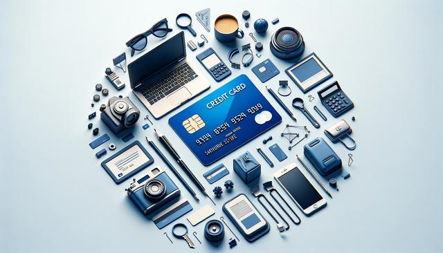 Various blue-toned tech and office items, including a credit card, laptop, camera, phone, and stationery, arranged neatly on a light surface.