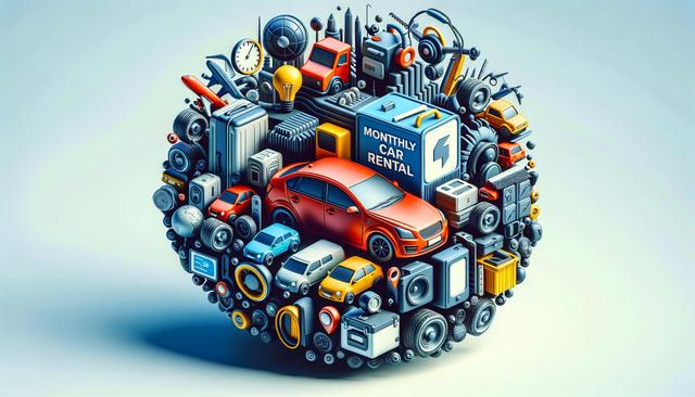A spherical collage of transport and travel icons, including cars, planes, clocks, and rental signs.