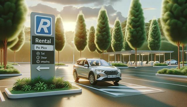 A silver SUV parked in a sunny, tree-lined car rental lot with nearby signpost.