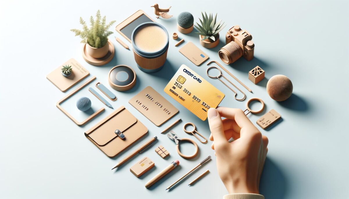 A hand holding a yellow credit card surrounded by various beige office items and small plants on a light surface.