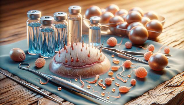 Surgical instruments and vials next to a detailed, surreal skin structure with hair follicles and abstract organic forms.