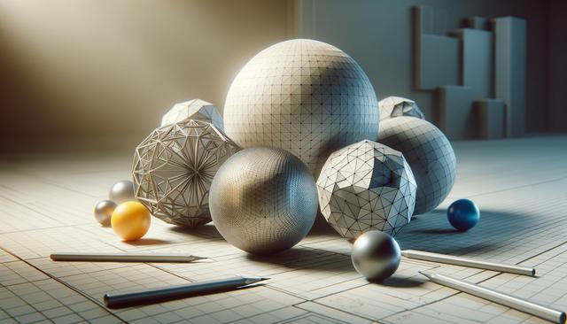 3D-rendered geometric spheres on a grid surface.