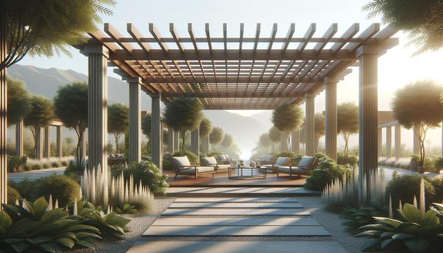 A serene garden with wooden pergola, cushioned seating, potted plants, and trees, set against distant mountains at sunrise.