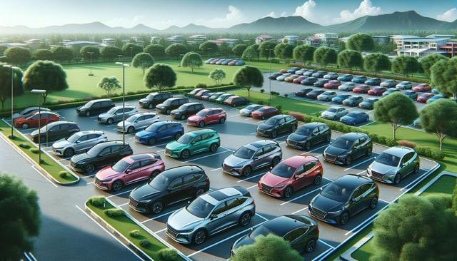A parking lot filled with colorful cars, surrounded by trees and distant mountains under a clear blue sky.