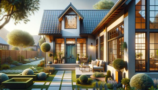 Modern house with large windows, a blue door, and a manicured garden featuring trimmed shrubs and patio seating.