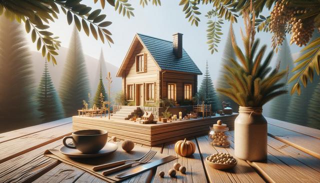 A cozy wooden house model on a wooden table surrounded by forest-themed decor, including plants, candles, and a cup.