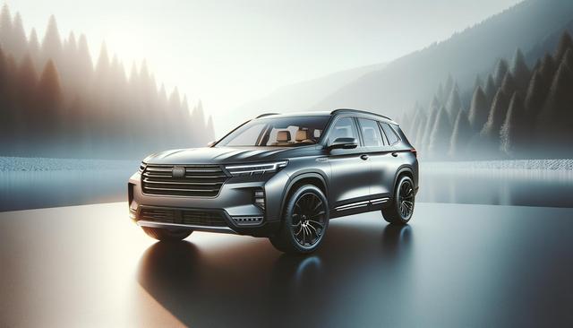 A sleek black SUV on a reflective surface with a misty forest and mountains in the background.