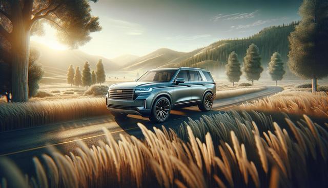 A sleek SUV drives along a scenic, winding road surrounded by golden fields and trees under a glowing sunrise.