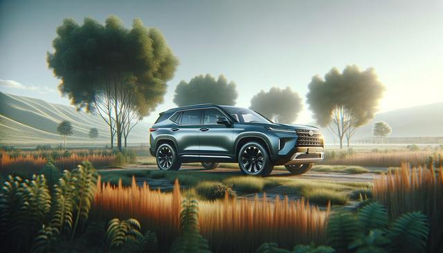 An SUV parked in a scenic field with trees and hills in the background, under a soft morning light.