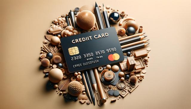 Credit card on a beige background with various abstract shapes and objects.