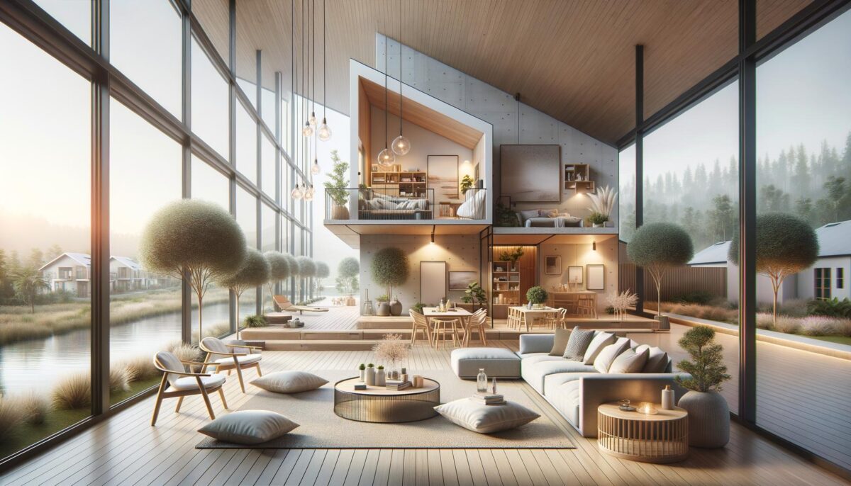 Modern open living space with large windows, minimalist furniture, and outdoor views.