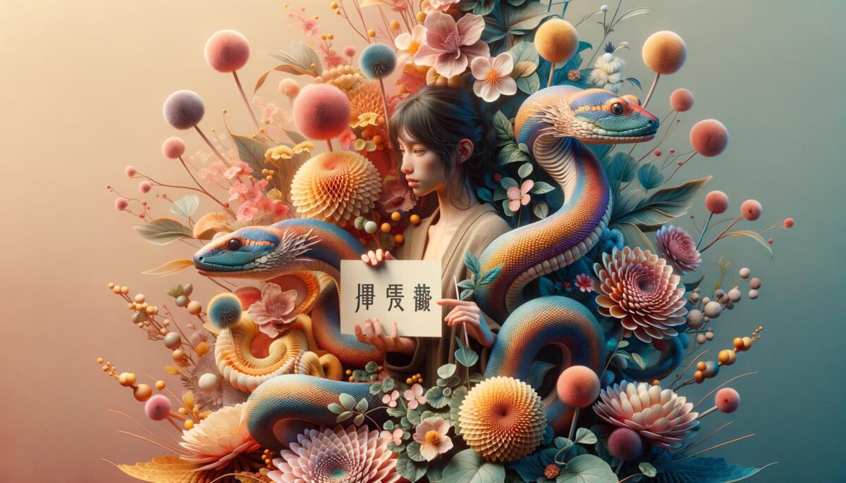 A serene woman surrounded by colorful floral patterns and vibrant, multicolored snakes.