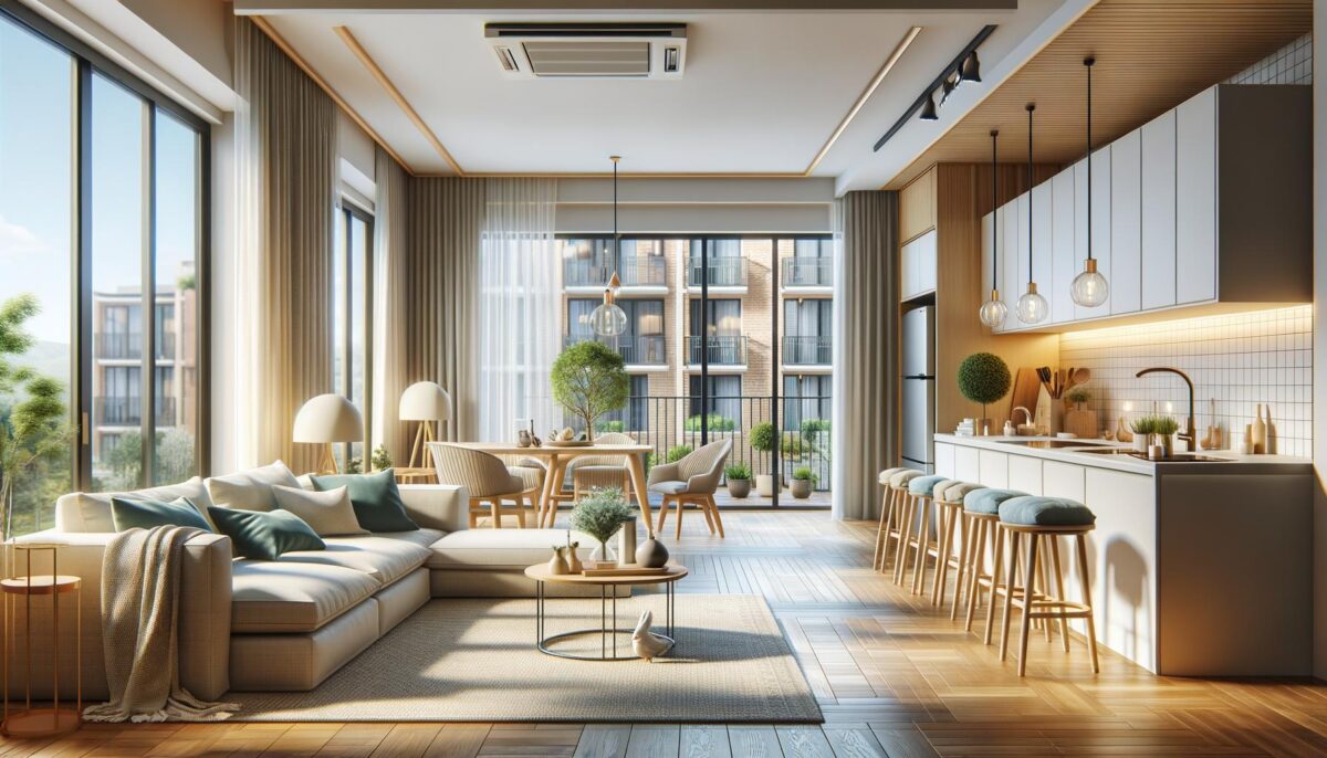 Bright, modern open-plan living room with large windows, cozy beige sofas, a dining area, and a stylish kitchen with barstools.