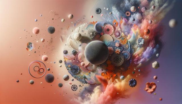 A vibrant explosion of colorful spheres, patterns, and textures floating in a fluid cosmic scene.