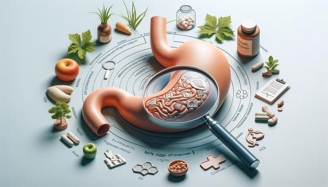 Illustration of a stomach surrounded by healthy foods and supplements, with a magnifying glass highlighting anatomy and icons inside.