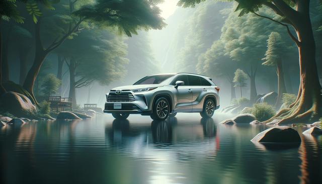 A silver SUV parked in a serene forest, reflected in calm water, surrounded by lush greenery and sunlight filtering through the trees.