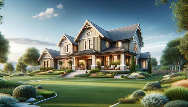 A large, elegant house with peaked roofs, surrounded by a manicured lawn and lush greenery under a clear blue sky.