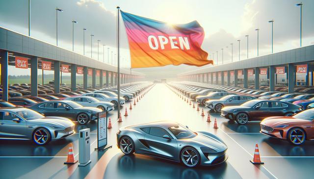 Car dealership with rows of cars, a large "OPEN" flag, and a futuristic silver car in the foreground.