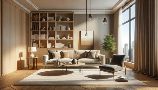 Modern living room with beige sofa, armchair, bookshelves, and large windows.
