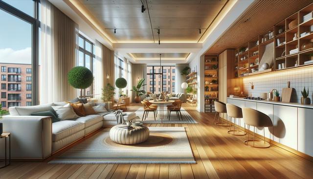 Spacious modern living room with large windows, cozy seating, plants, and an open kitchen area.