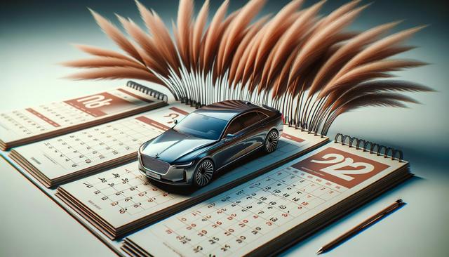A sleek car model placed on an open calendar with decorative grass in the background.