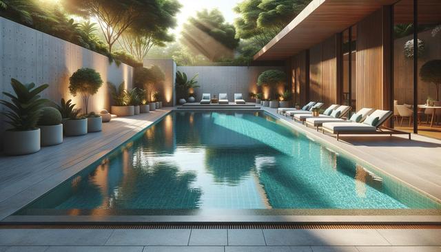 Modern pool with loungers, surrounded by potted plants and a wooden terrace, under soft sunlight.